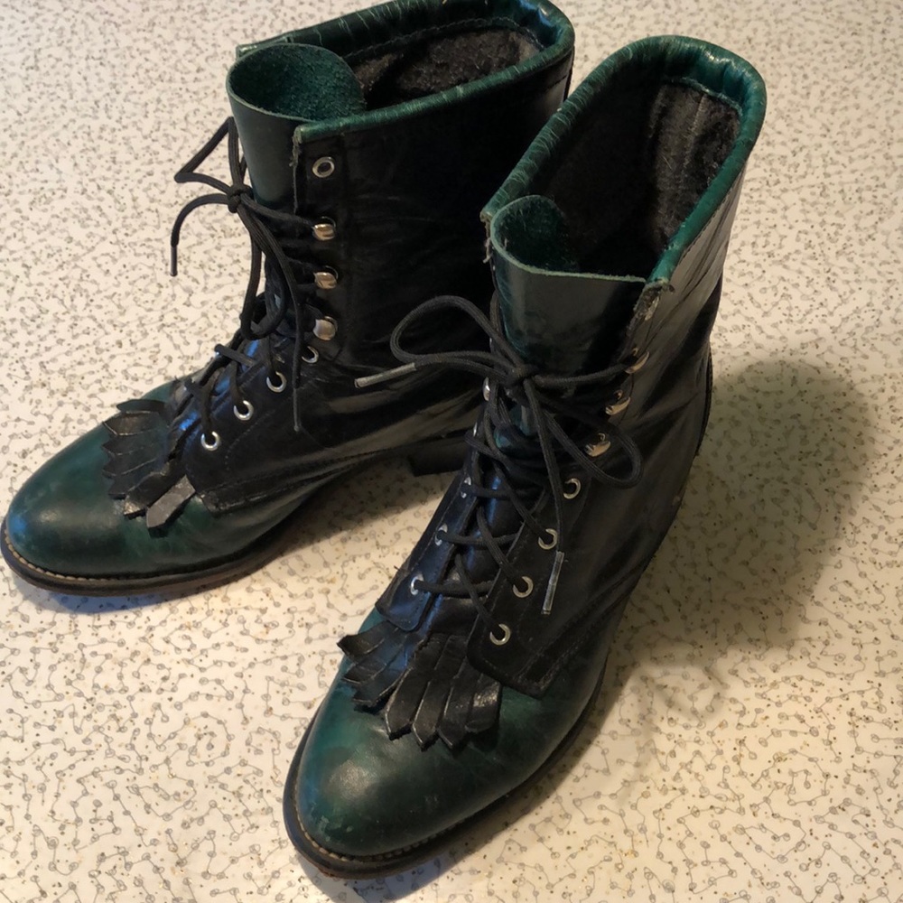 Vintage black and emerald green leather boots. Size 6.5.